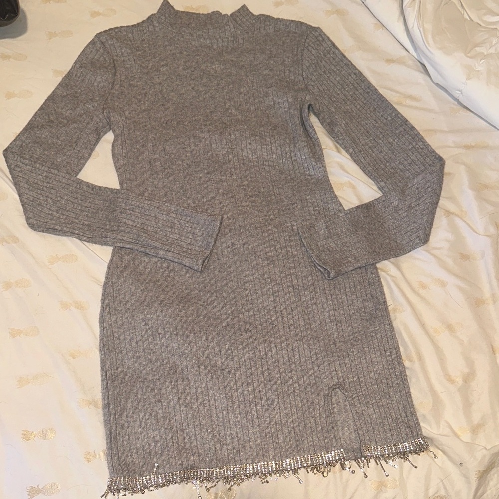 SALE- Zara Gray Long Sleeve Rhinestone Dress
